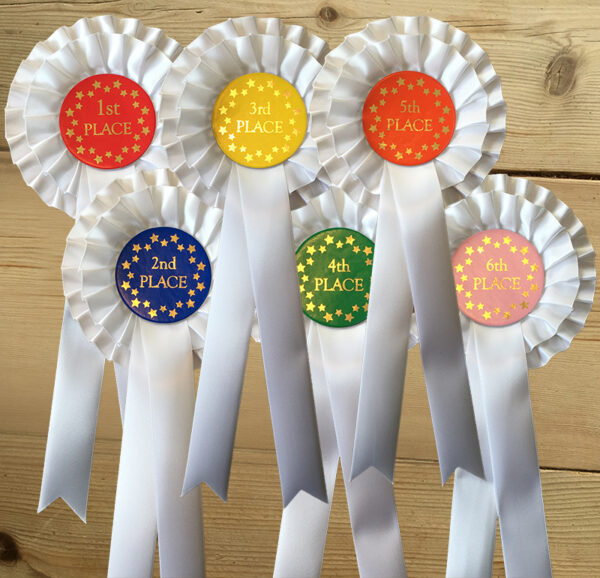 1st to 6th placed 2 tier rosettes with a coloured centre