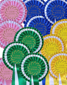 Green, yellow, blue and pink 3 tier rosettes