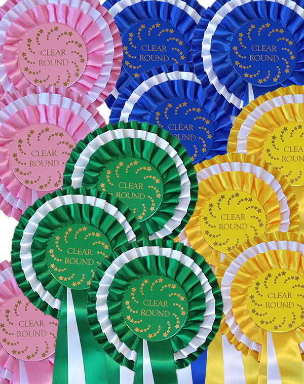 Green, yellow, blue and pink 3 tier rosettes