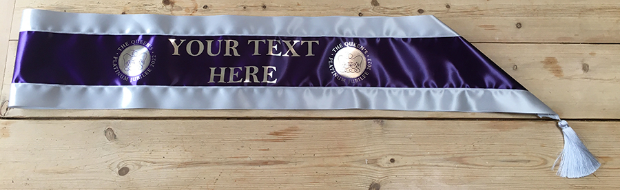 Purple and silver triple sash with Queen's Platinum Jubilee branding