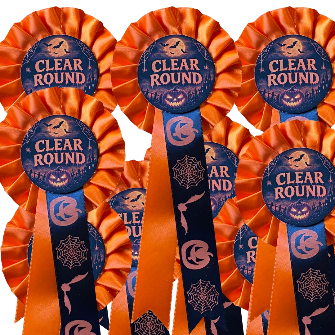 Group shot of a pack of 10 Clear Round Halloween rosettes displayed together, showcasing the full set of themed ribbon prizes.