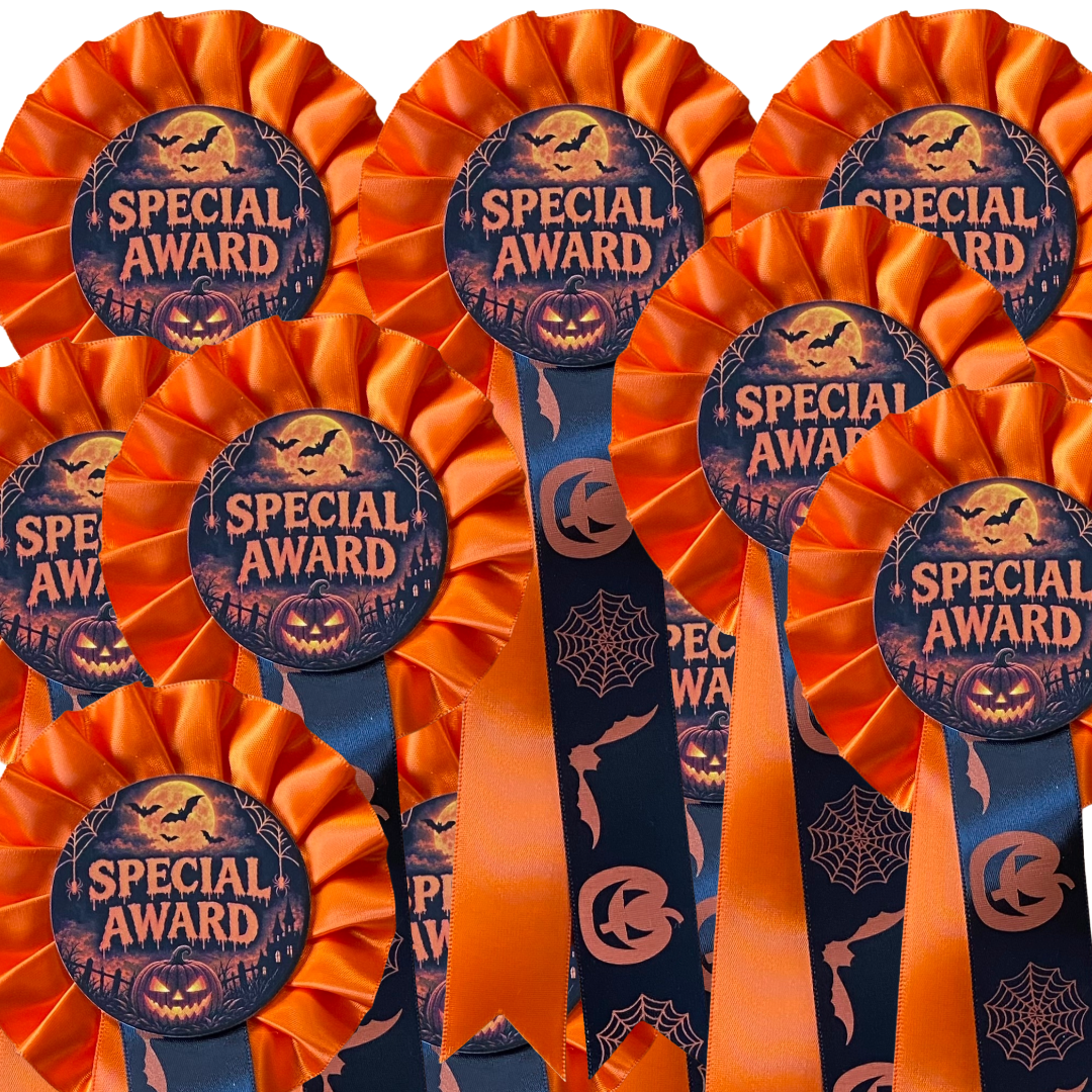 Group shot of a pack of 10 Special Award Halloween rosettes displayed together, showcasing the full set of themed ribbon prizes.